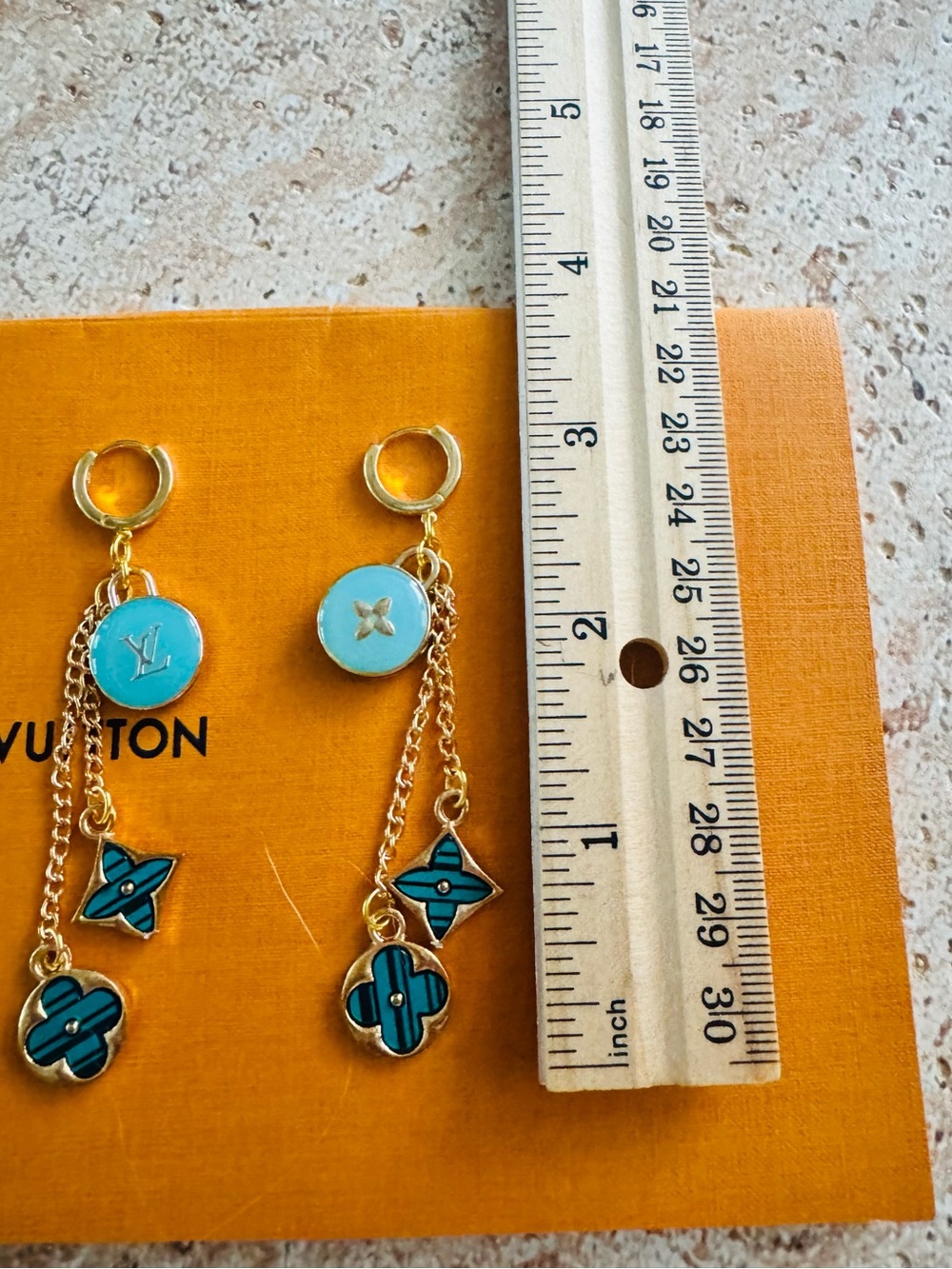 LV Authentic Hardware on 18k Gold Hoop Earrings w/Accents - Picture 3 of 3